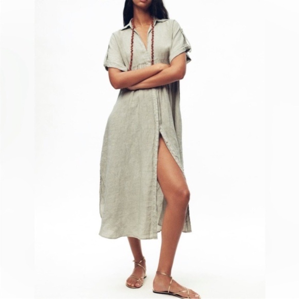 Zara Woman The Lovina Linen Midi Shirt Dress Light Green Size Medium